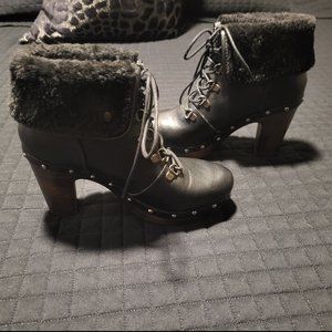 Sergio Tadzi Black Lace Up Bootie with Stud Detail and Faux Fur Foldover Design